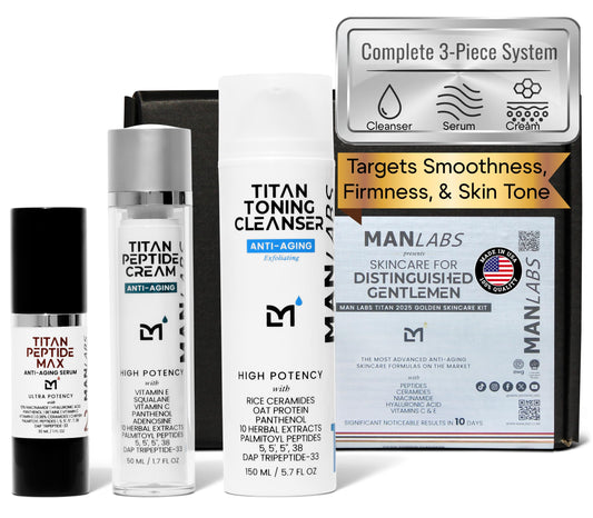 Man Labs Titan Peptide 3-Piece Anti-Aging Mens Skin Care Kit – Mens Face Serum, Men Face Moisturizer, Wash – Men, Skin Care Set –Dark Spots, Wrinkles, Fine Lines –Vitamin C, Niacinamide, HA –Unscented