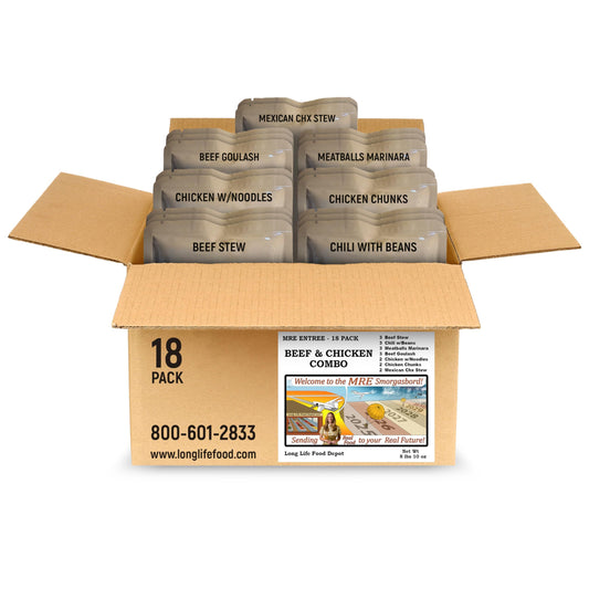 MRE Entree Variety Pack (18-Pack) – Beef & Chicken Main Courses Only (Not Full Meals) – Long Shelf Life – Fresh 2024+ Production - Direct from U.S. Contract