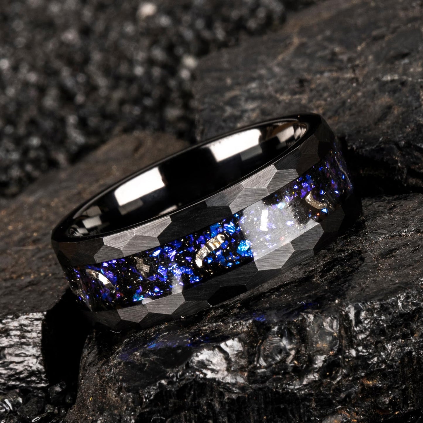 JEWPER 8mm Men Womens Wedding Band Tungsten Rings Black Blue Hammer pattern Fashion Promise Carbide Inlaid Milky Way Foil Iron Filings Matte Finish Edge Comfort Fit Size(10)