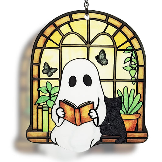 Ghost Black Cat Suncatcher, Ghost Reading Book Christmas Giifts for Women, Cat Lover Gifts
