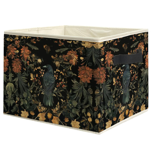 WARDOS Vintage Gothic Crow Floral Storage Bin Box with Handles, Dark Academia Cottagecore Flower Botanical Foldable Linen Fabric Laundry Basket for Home Bedroom Bathroom Clothes Toys Books