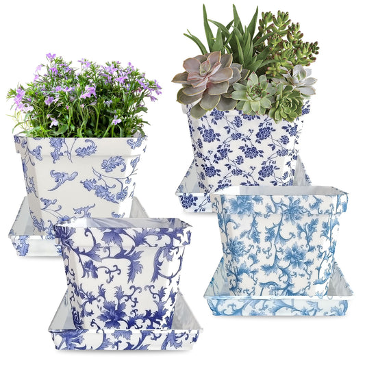 SEUCRWAX 4 Inch Plant Pots Square Plastic Decoration,Flower Pots Retro Design,Flower Pot with Drain Hole and Tray,for Outdoor Indoor Garden Valentine's Day Plants (Blue and White,4pcs)