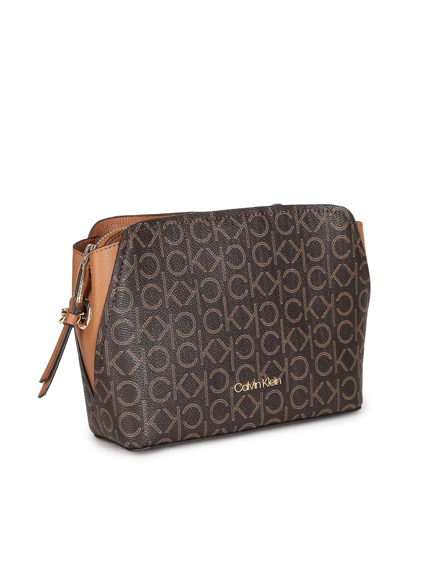 Calvin Klein Women's Hailey Signature Triple Compartment Chain Crossbody, Brown/Khaki/Caramel Linear, One Size