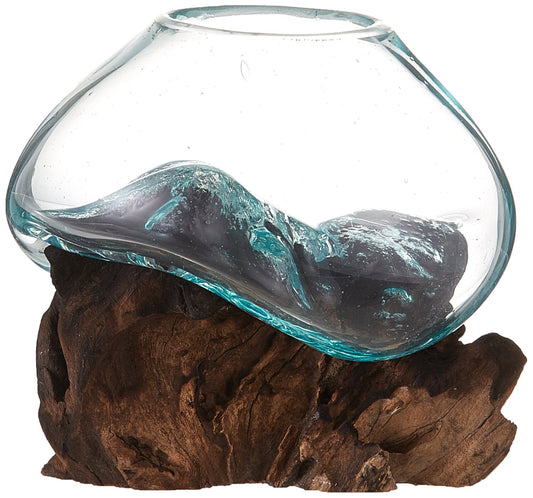 Cohasset Molten Glass | #650-12 | Molten Glass & Wood Sculpture | Terrarium | Fairy Garden | Approximately 4.5" Wide | Natural Wood and Recycled Glass |