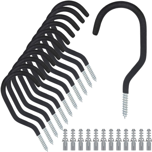 KURUI Heavy Duty Screw in Hooks for Hanging, 12 Pack Bike Hooks for Garage Wall with Screw Anchors, Wall Mount Bicycle Storage for Ceiling, Large Black Plant Hooks for Ceiling