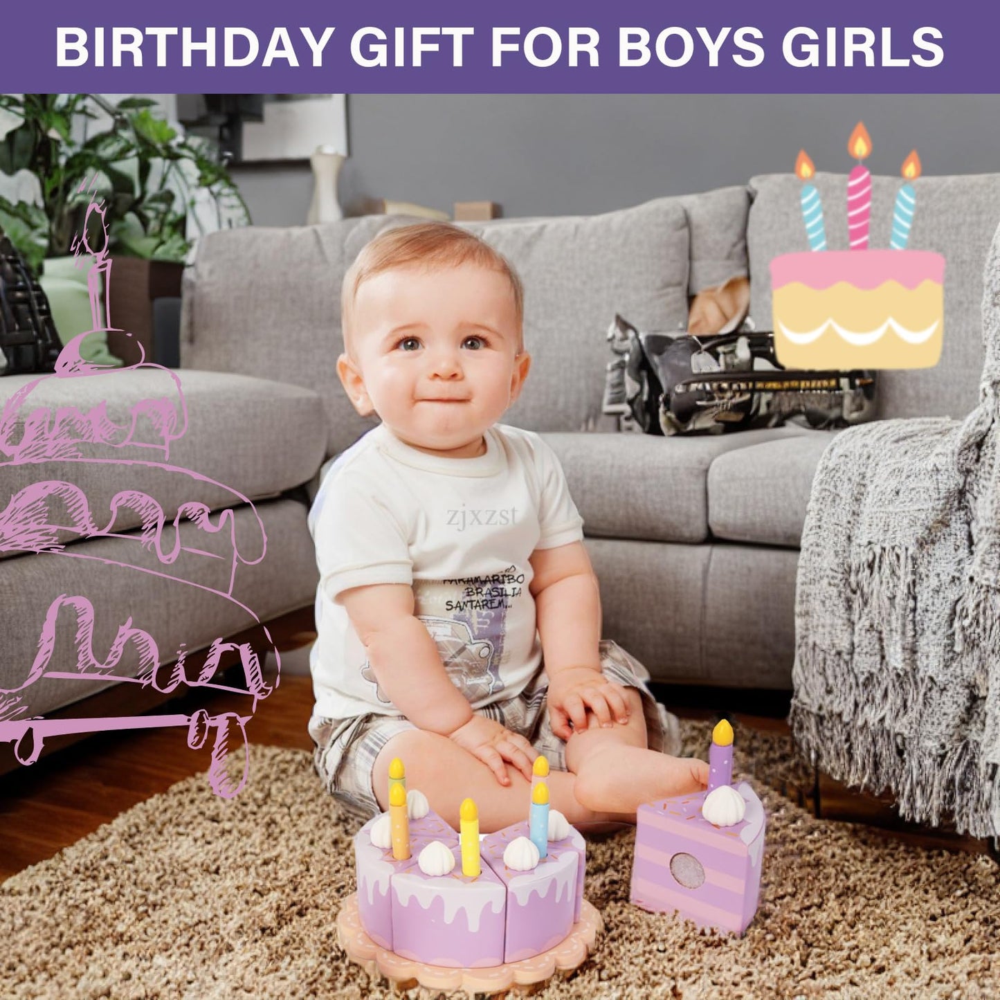 WoodenEdu Pretend Play Food for Toddlers 2-5,Wooden Birthday Fake Cake with Candles and Numbers,Tea Party Learning Kitchen Gift Toys for Boys Girls (Cream Cake)