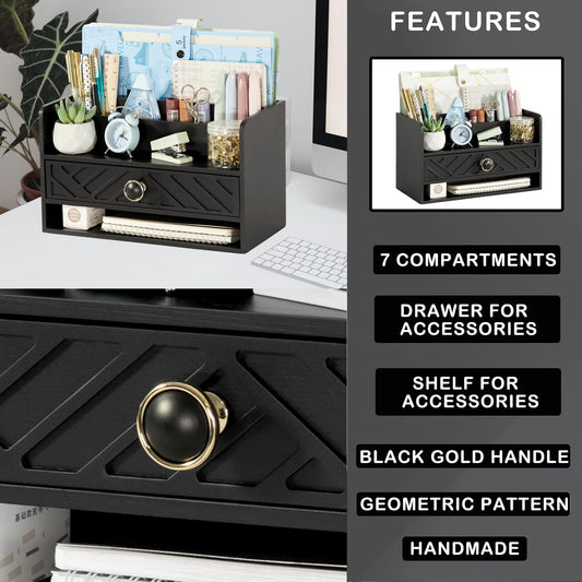 dreampossible Black Wood Desk Organizer and Accessories with Drawer, Bill Mail Organizer and File Mail Holder for Office Supplies, Desk Accessories & Workspace Organizers for Desk Organization