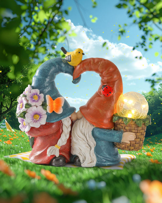 iStatue Solar-Powered 8.3'' Spring Summer Kissing Gnomes Decorations for Home & Garden - Decorative Outdoor Lawn Ornaments and Statues Clearance (Loved Gnomes)