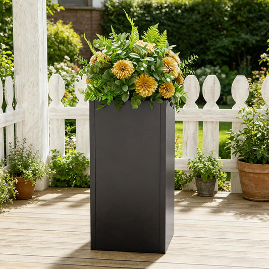 Trygoal Metal Tall Planters Box - 24" Modern Tall Planters for Outdoor Plants with Removable Insert Shelf, Heavy Duty Square Pedestal Planter for Front Porch/Door Decor Indoor Patio Office, Black