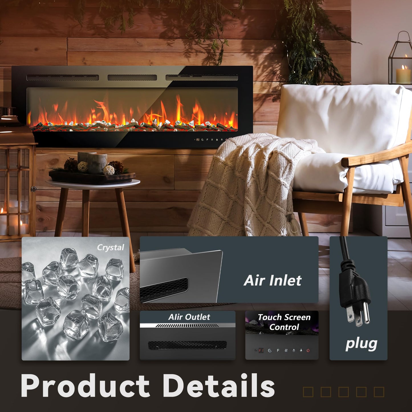 EUHOMY 50 Inch Electric Fireplace Wall Recessed and Wall Mounted with Adjustable Flame Color, Fireplace Heater with Remote Control, Linear Fireplace with Timer, Touch Screen, Log & Crystal, 750/1500W