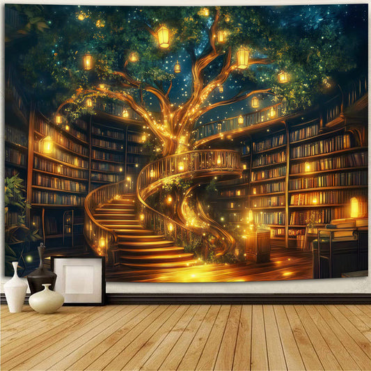 Miytal Enchanted Tree Library Tapestry – Magical Bookshelf Reading Room Wall Hanging, Cozy Literary Art Decor for Bedroom, Living Room, or Study - 59.1" x 80"