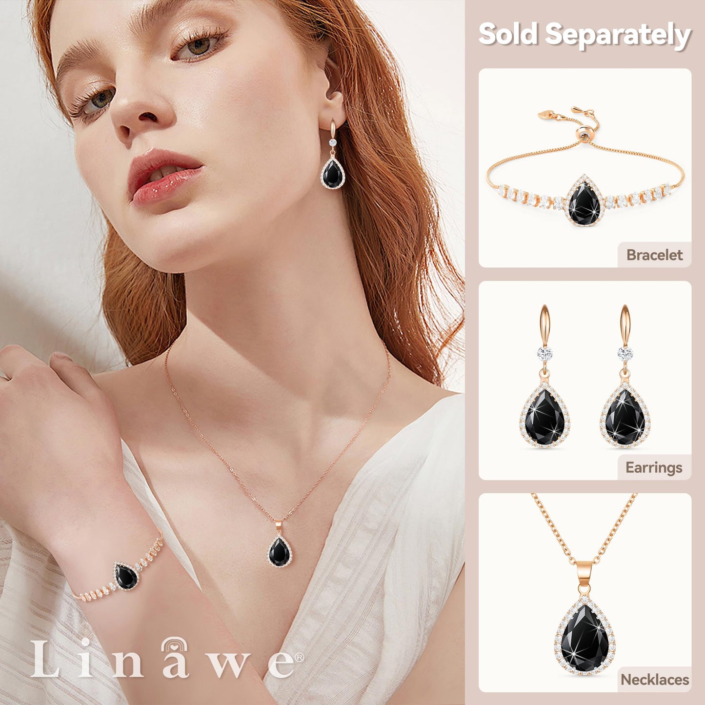 Linawe Black Crystal Chain Necklace for Women Rose Gold, Imitation Diamond Pendant Boho Cubic Zirconia Birthstone Rhinestone Teardrop Necklace, Preppy wedding Costume Jewelry Set