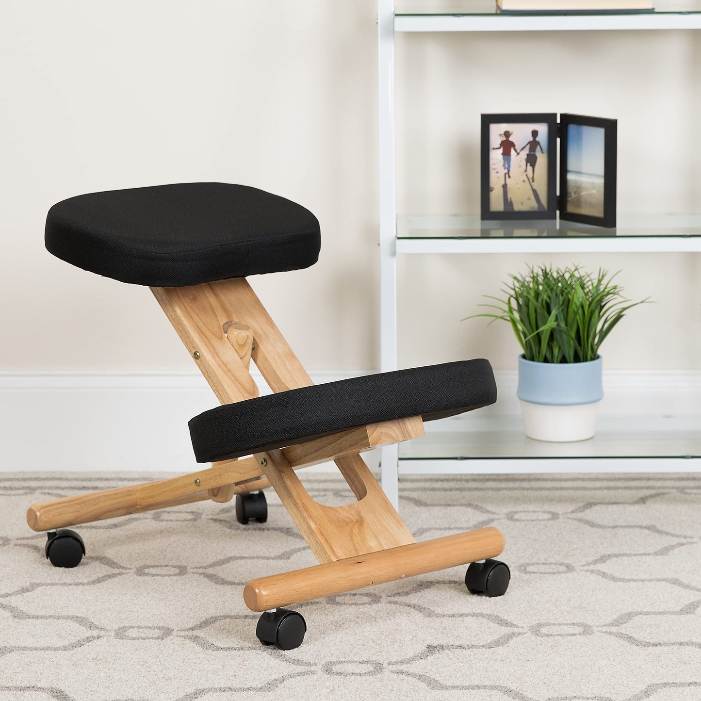 Flash Furniture Posey Mobile Wooden Kneeling Office Chair for Improved Posture, Height-Adjustable Ergonomic Office Kneeling Chair, Natural/Black