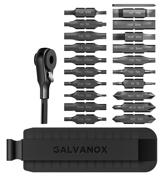 Galvanox 22PC Accessories Set, Compatible with Leatherman Multi-Tools [59HRC] Hardened Double-Sided 21 Piece Bit Kit with Flat-End Ratchet Driver and Sheath Holder (Black)