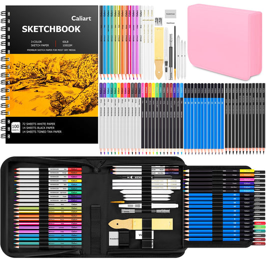 Caliart 176PCS Art Supplies Sketching Kit with 100 Sheets 3-Color Sketch Book, Graphite Colored Charcoal Watercolor & Metallic Pencils, Drawing Supplies Set Gifts for Artists Adults Beginners