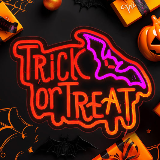 Halloween Neon Sign, Halloween Trick or Treat Neon Light Battery or Usb Powered for Wall Decor, Adjustable Brightness Halloween Neon Light(14.9 x 11.6 inches)