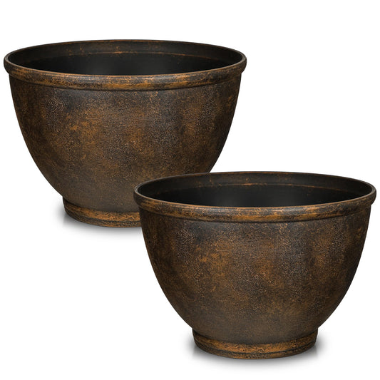 Hollyone Set of 2 Outdoor Planter 11.5 inch Plant Pot Plastic Pots for Plants Planters for Outdoor Indoor Plants with Drainage Hole Round Plant Pot Flower Pots Garden Decorations Brown