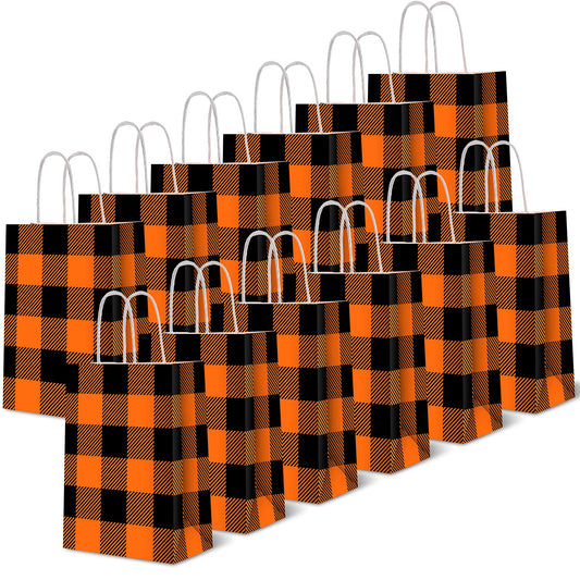 Whaline 20 Pieces Thanksgiving Fall Halloween Paper Bags Orange Black Buffalo Plaid Kraft Party Bags with Handle Party Favor Gift Bag Candy Treat Bag for Autumn Thanksgiving Halloween Wedding
