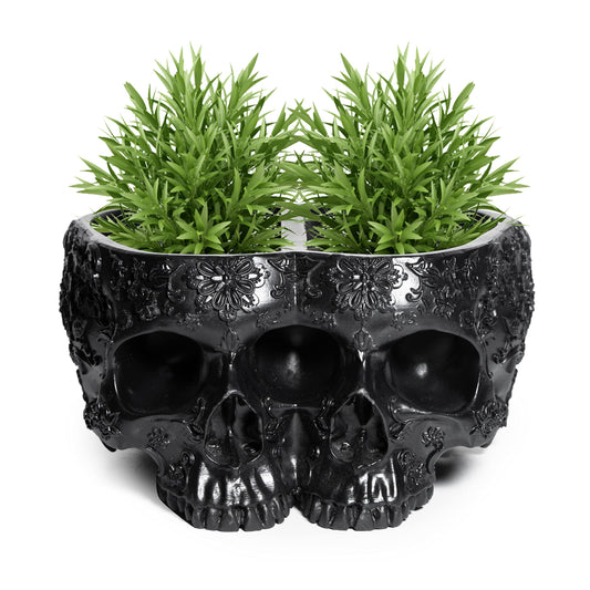 Spooky Double Head Skull Planter Pots 4" H Polyresin Skulls Succulents Outdoor & Indoor Plants & Flowers - Serving Bowl, Skeleton Home Black Goth Décor