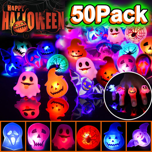 PNNJSSXT 50pcs Halloween LED Rings, Halloween Party Favors Glow in the Dark Party Supplies, Light Up Rings Perfect for Trick or Treat Gifts