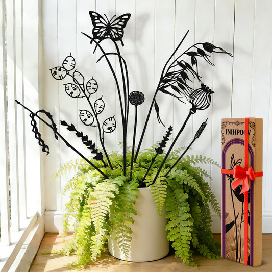 Decorative Metal Flowers for Outside, Rustic Metal Garden Stakes for Potted Plants, Metal Plants Outdoor Decor Vintage Rust Finish, Gift-Boxed Nature Meadow Garden Decor (Black_Butterfly Meadow Set)