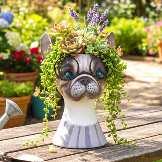 Made Funny Face Dog Flower Pots with Glasses - Standing Resin Planter Pot for Succulent & Trailing Plants, Cute Animal Novelty Planters, Indoor Outdoor Garden Decor