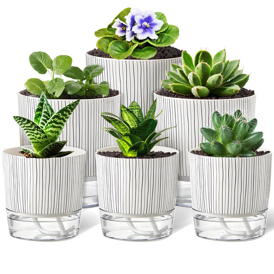 CWYEYE 6 Pack Self Watering Pots for Indoor Plants, Flower Planters with Wick Rope & Reservoir, 4" + 5.5" Plastic Pots for African Violet, Orchid, Succulent, Herbs