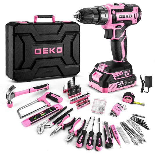 Pink Power Drill Tool Kit Set: 20V Cordless Electric Drill, Driver, Tool Box with Battery
