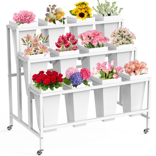 VGMiu Flower Display Stand with 12 Buckets, Flower Cart 3 Layers White Metal Flower Bar Stand with Wheels, Moving Florist Bouquet Shelf for Weddings Florist Indoor Outdoor Patio Garden Living Room