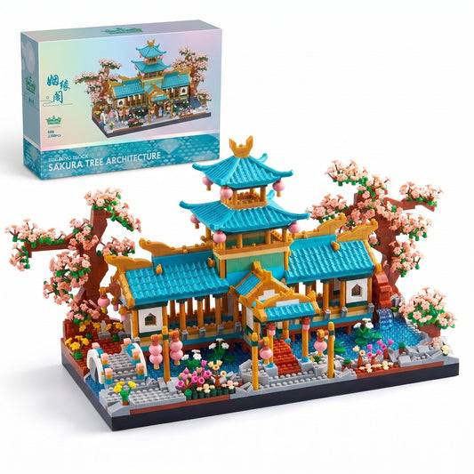 JXRLMB Chinese Classical Suzhou Gardens Micro Building Blocks Sets with Sakura Cherry Tree Challenging Construction Set for Adults, Home and Office Decoration, Gift for Age of 14+ 2350 pcs
