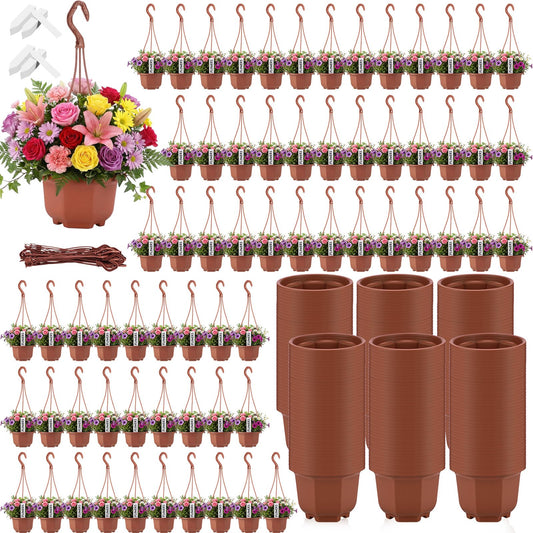 Romooa 200 Pack 5.1 Inch Plastic Hanging Pots Bulk Nursery Hanging Planters with Hooks and Drainage Small Grower Pots for Indoor Outdoor Plants, Garden, Includes 200 Labels(Brown)