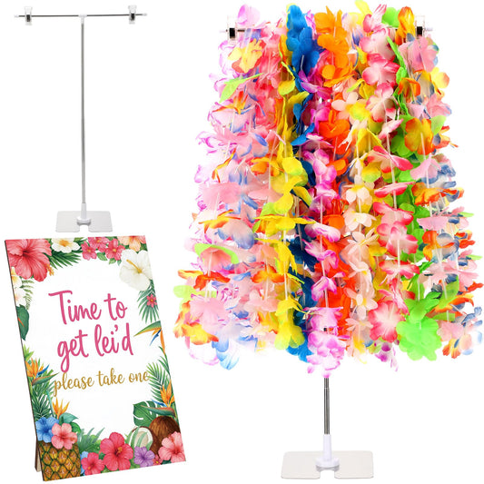 Suncalla 26 Pack Hawaiian Leis Luau Party Decoration Set Include 24 Pcs Hawaiian Leis 1 Pcs Wreath Stand ( Adjustable Base) 1 Pack Luau Party Welcome Wooden Signs for Summer Tropical Flower Lei Shows