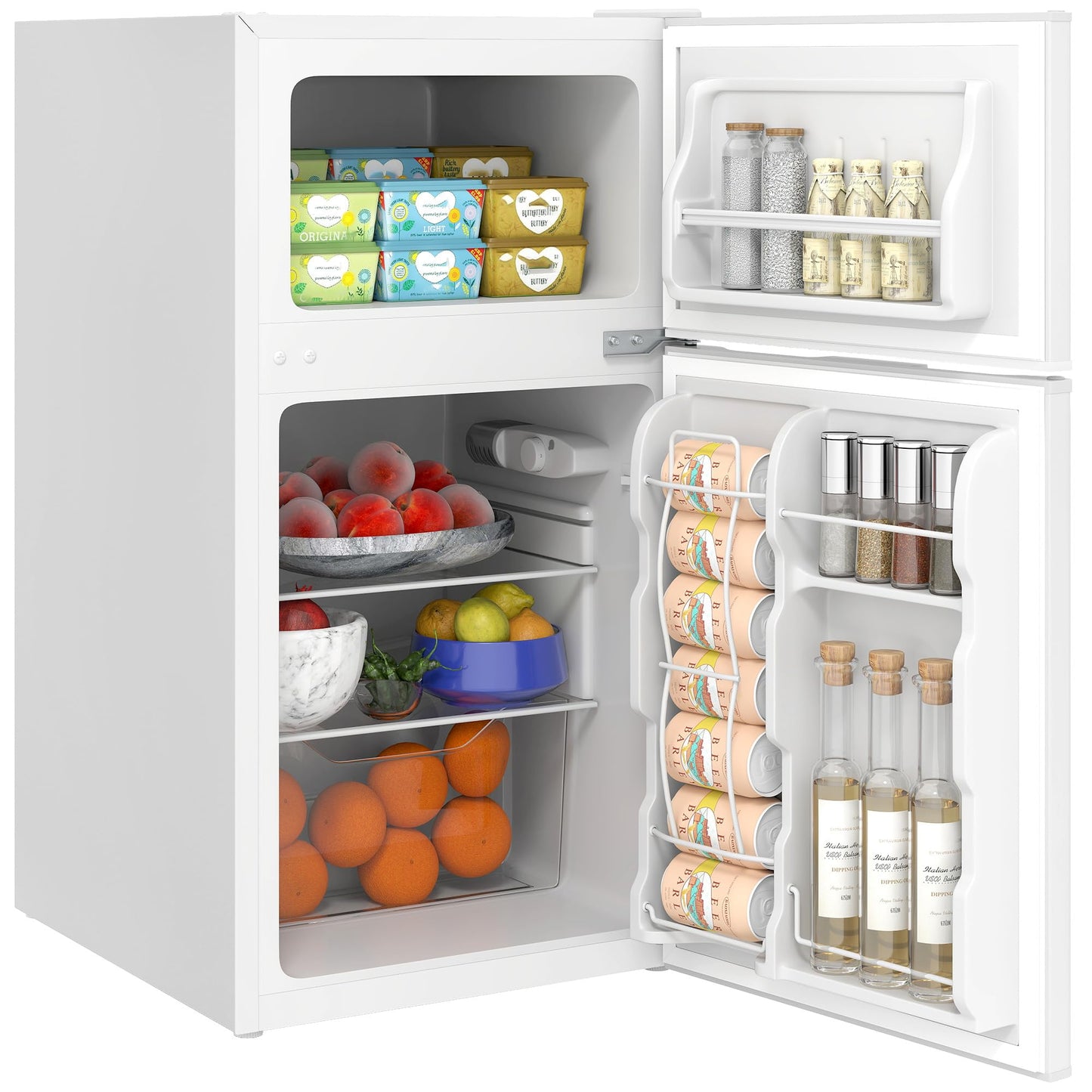 HOMCOM 3.2 Cu.Ft Mini Fridge with Freezer, Double Door Compact Refrigerator with Adjustable Thermostat, Shelf and Reversible Door for Bedroom, Dorm, Home Office, Energy Efficient, White