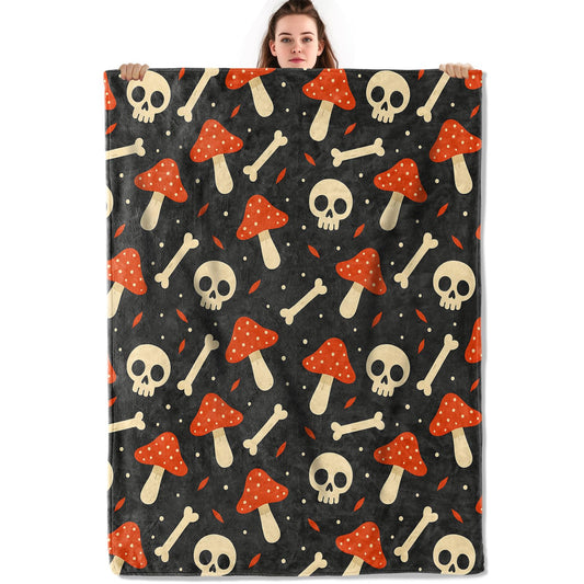 Spooky Mushroom Skull Throw Blanket, Lightweight Warm Flannel Blankets, Home Decor and Gifts, Soft Cozy Throws for Women Men, 50"X60" for Bed Couch Travel Office