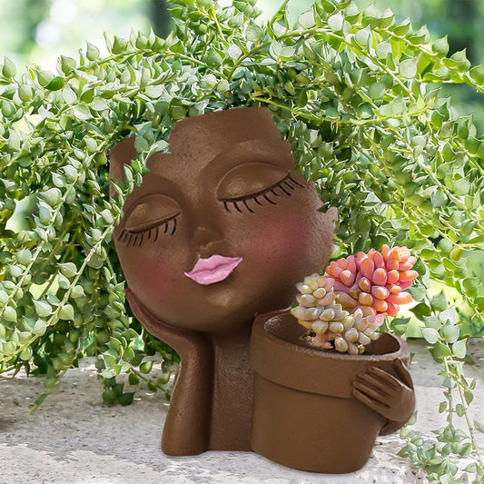 IUYYPU Face Planter for Succulents, Resin Lady Head Pot with 2 Planting Pockets and Drainage Holes, Approx. 6.3 x 4.3 x 6.7 in, Openings 3.2 in & 2.4 in, Brown