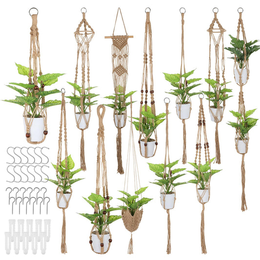 HANLANXUE 12 Pcs Macrame Plant Hangers, Handmade Hanging Planters for Indoor Plants Boho Hanging Baskets Flower Pots Holder with S Hooks and Ceiling Hooks for Outdoor Wall Home Decor