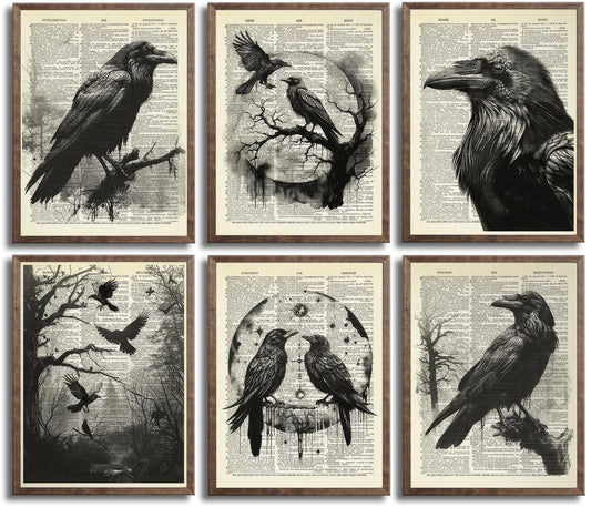 6Pcs Black Raven Wall Art Dark Academia Wall Decor Pictures Victorian Gothic Crow Canvas Posters Prints for Living Room Bedroom Decoration Unframed (8x10in)