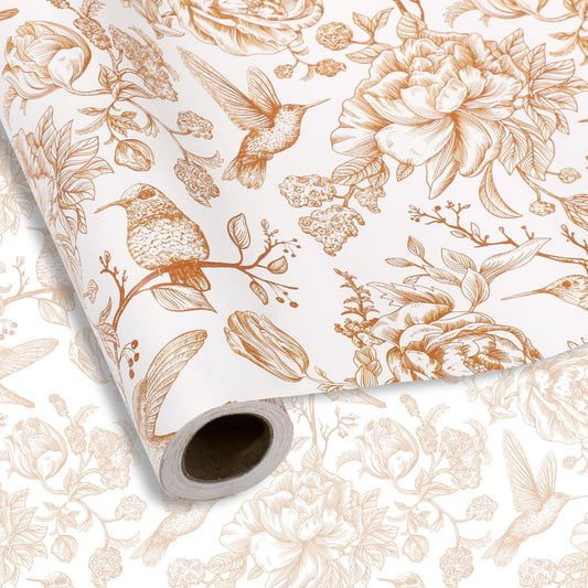 FYSUIMU Orange Floral Wrapping Paper -Mini Roll- 17 In x 32.8 Ft Chinoiserie Birds Flower Gift Wrap Paper for Wedding Baby Shower Birthday Party Wrapping Supplies