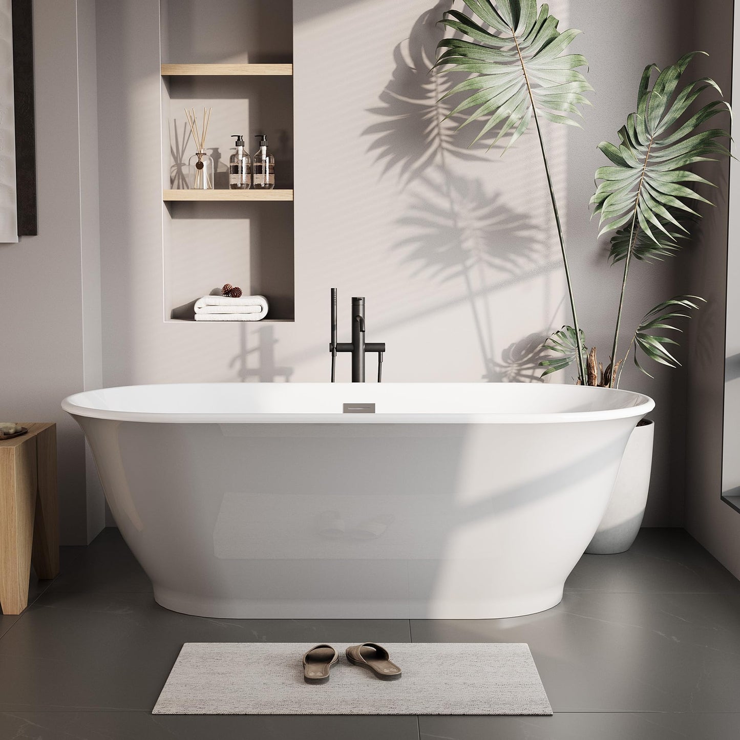 Acrylic Freestanding Bathtub, Stand Alone Tub Bathtubs, Deep Acrylic Soaking, Modern Upright Bathtub with Matte Drain and Black Overflow, Durable Double Wall, Freestanding for Bathroom, 59Inch