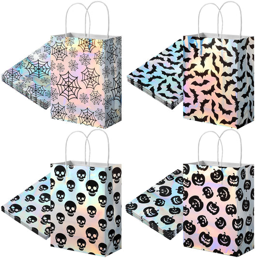Paterr 24 Pcs Iridescent Halloween Paper Bags Holographic Bat Pumkin Skeletons Pumpkins Spider Webs Trick or Treat Reusable Gift Bags for Halloween Party Supplies Favors(Classic Patterns)