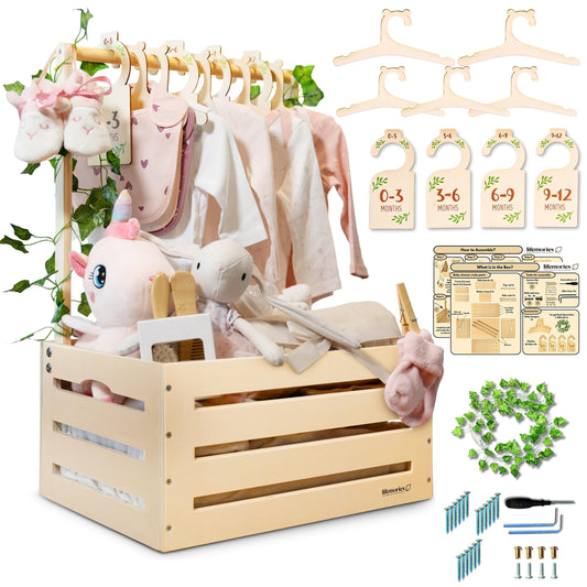 Lifemories Wooden Baby Shower Crate Closet with Clothes Hangers & Dividers, Large Gift Basket for Boys & Girls, Wood Box Storage & Display with Handles & Ivy Garland, Welcome Gifts for New Parents.