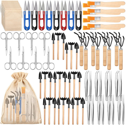 Lanties 8 Sets/ 80 Pcs Bonsai Tools Set Mini Garden Tool Kit with Pruning Shears U Shaped Scissors Mini Rake Tweezers Brush Storage Bags Complete for Bonsai Succulents Indoor Plants