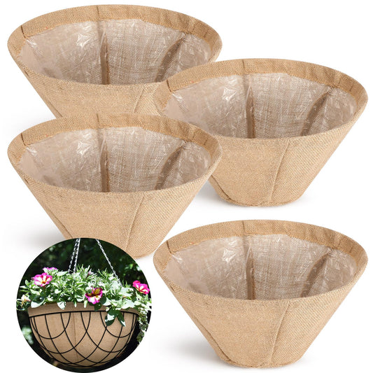 Novabright 4 Pack Round Burlap Liners with Drainage Hole and Plastic Interior Liner 14 Inch Rustic Burlap Planter Liner for 14" Diameter Hanging Baskets