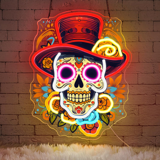 Sneignon Day of the Dead Neon Sign - Mexican Sugar Skull LED Neon Light for Home & Bar Decor,UV Printed Art with Flexible LED Strip,Halloween & Día de Muertos Party Decoration (Red）