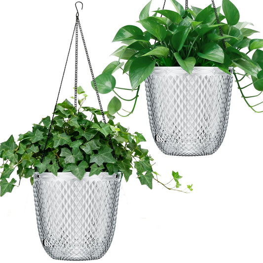 QCQHDU Hanging Planters for Indoor Plants, 2-Pack 5.7 Inch Self Watering Hanging Pots, Plastic Plant Hanger with Drainage Holes and 3 Hooks Chains for Garden Home (Clear)