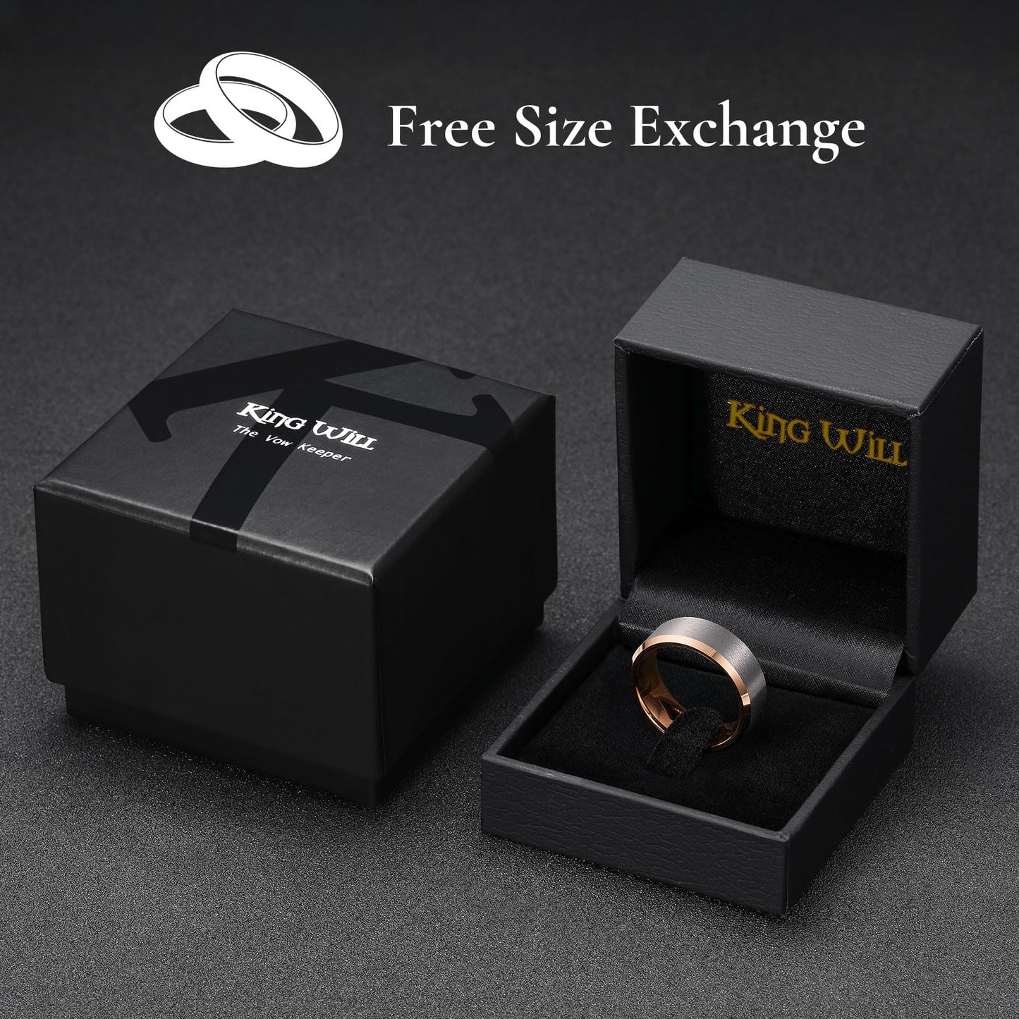 King Will 8mm Classic Tungsten Rings for Men Two-Tone Mens Wedding Bands Simple Engagement Promise Ring Matte Brushed Beveled Edges Comfit Fit Durable, Silver & Rose Gold Plated Size 11