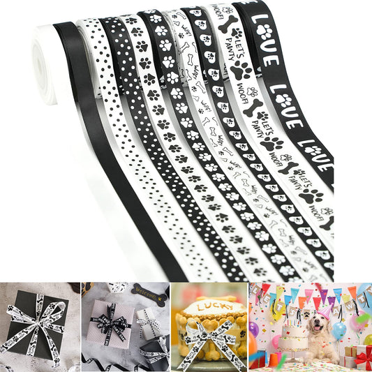 HUIHUANG Paw Print Bone Satin Ribbon Assortment - Black and White, 3/8" & " 5/8" Inch, 10 Rolls 50 Yards - Assorted Ribbon for Crafts, Dog Party Supplies, Gift Wrapping & Decoration
