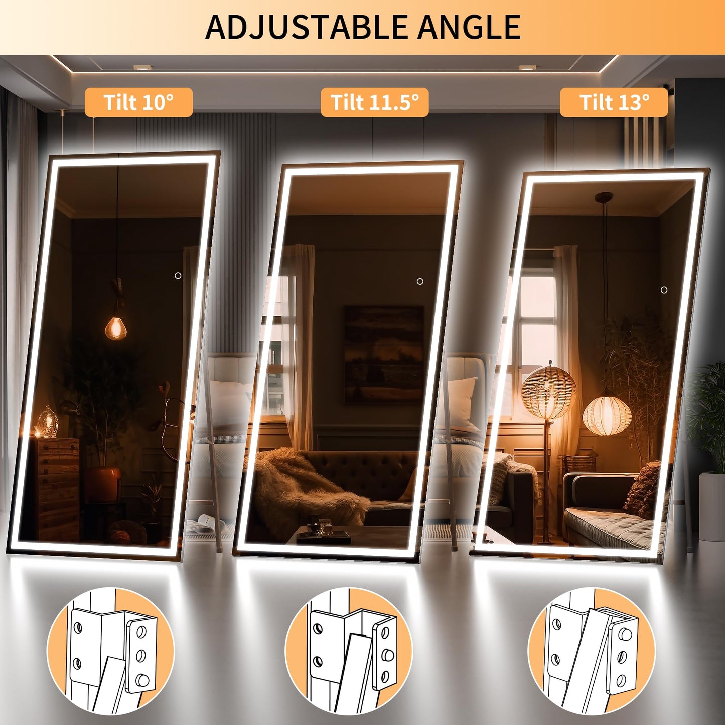 Hasipu Full Length Mirror with Lights, 79" x 36" LED Lighted Floor Standing Mirror, Full Body Dressing Hanging Mounted Mirrors, Dimmable, Tempered Glass, Safe to Use, Square Black