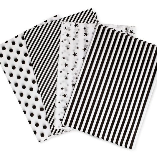 MR FIVE 60 Sheets 20" X 28" White and Black Tissue Paper Bulk,4 Styles Black Tissues Paper for Gift Wrapping,Gift Bags,Birthday,Star Stripes Polka Dots Pattern