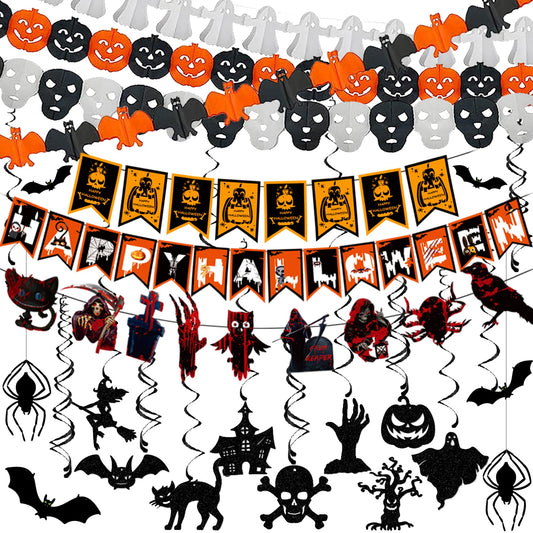 Halloween Decor Indoor - Hanging Swirl Ceiling & Wall Party Decor with Bats, Spiders, Pumpkins, Skulls, Ghosts Banner Halloween Decorations Indoor Outdoor Supplies
